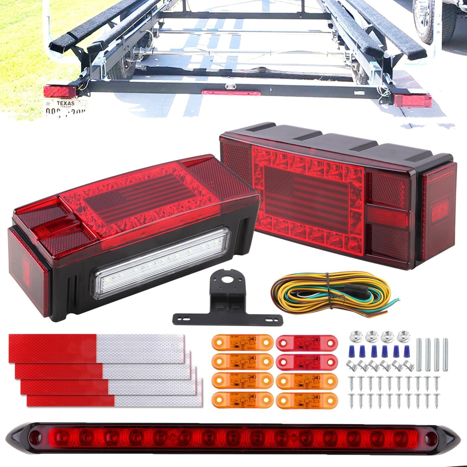 LED Trailer Light Kit 12V, Rectangular Brake Stop Turn Tail License Plate Lights