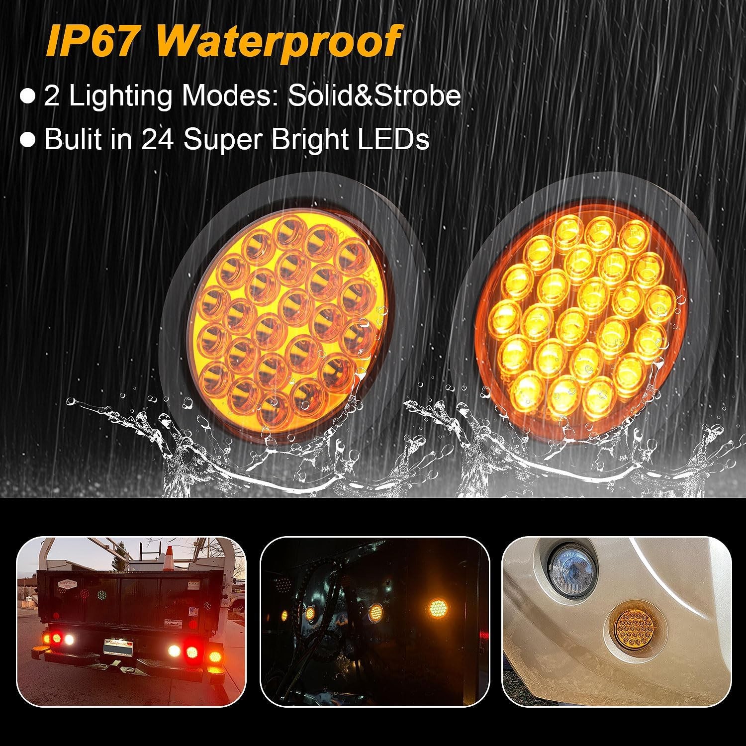4Pcs 4 Inch Round Amber 24 LED Strobe Lights Solid Flash Patterns Truck Towing T