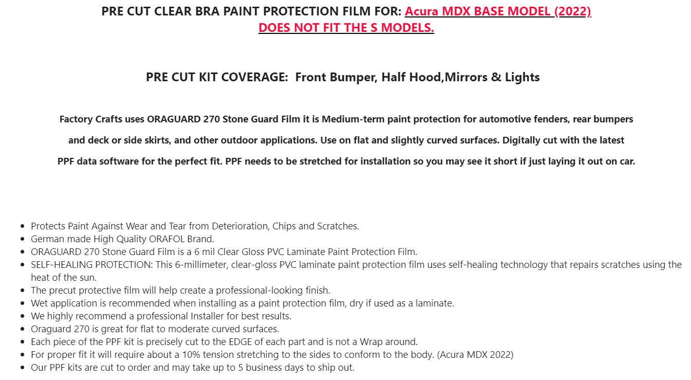 Stone Guard Paint Protection Film Clear Bra PPF For Acura MDX 2022 BHL