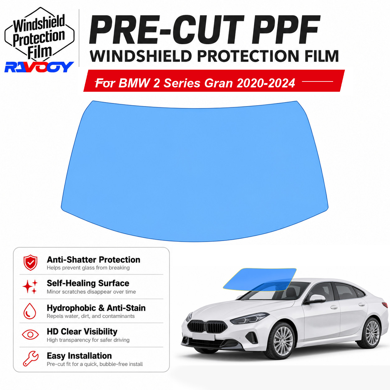 PreCut Windshield Protection Film Clear Bra For BMW 2 Series Gran 2020-2024