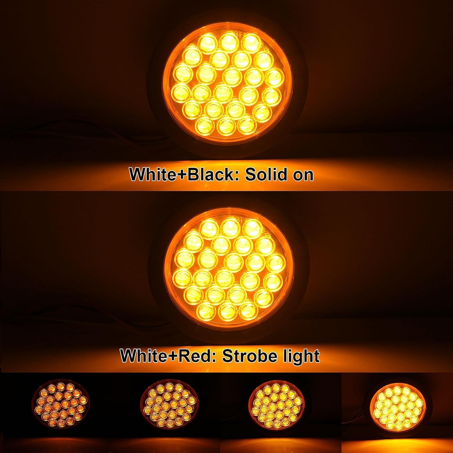 4Pcs 4 Inch Round Amber 24 LED Strobe Lights Solid Flash Patterns Truck Towing T