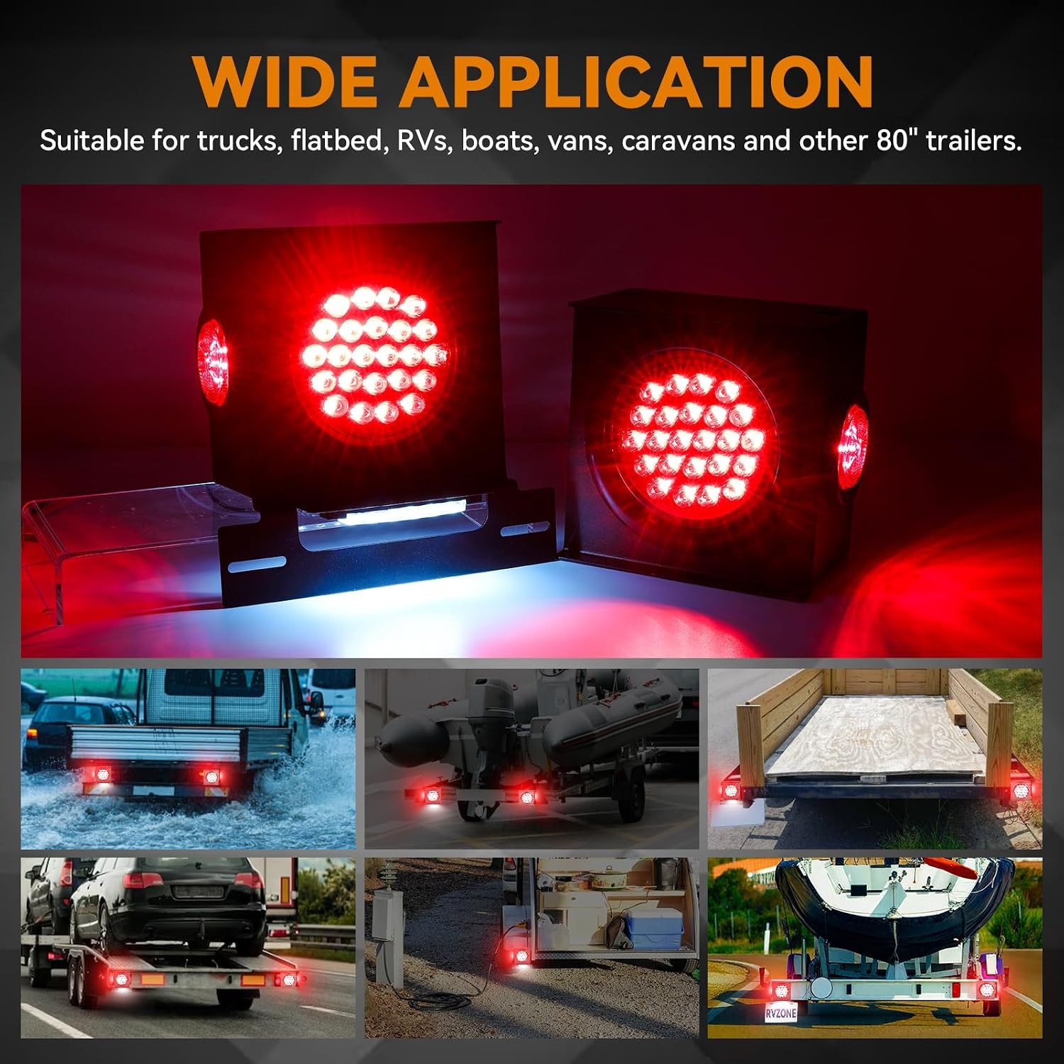 12V Square LED Trailer Light Steel Housing Kit, 2PCS IP67 Red Waterproof Stop Br