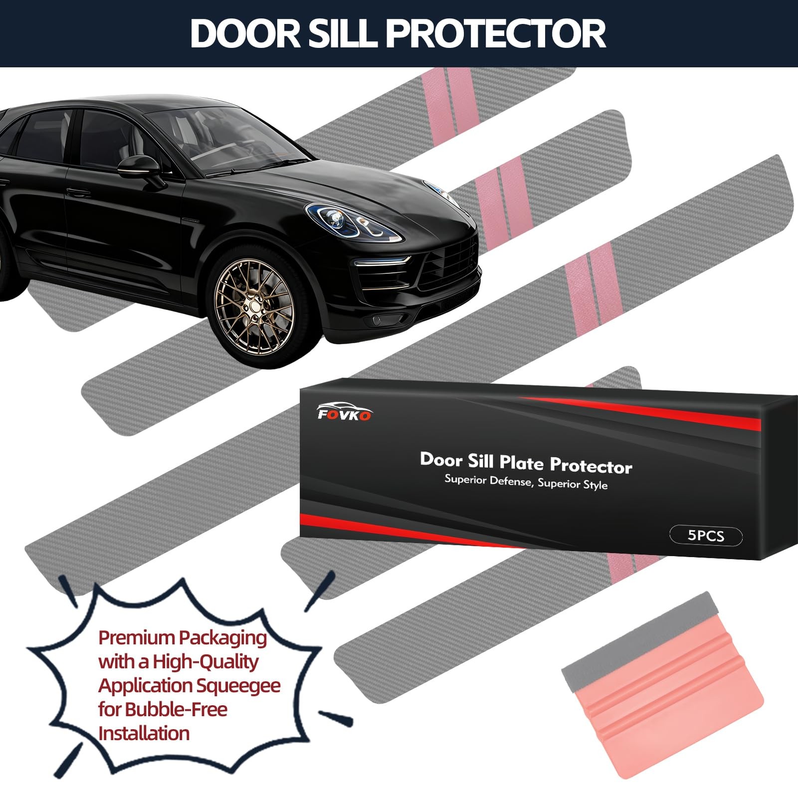 FOVKO Universal 5PCS Door Sill Protector, Car Threshold Protection, Red