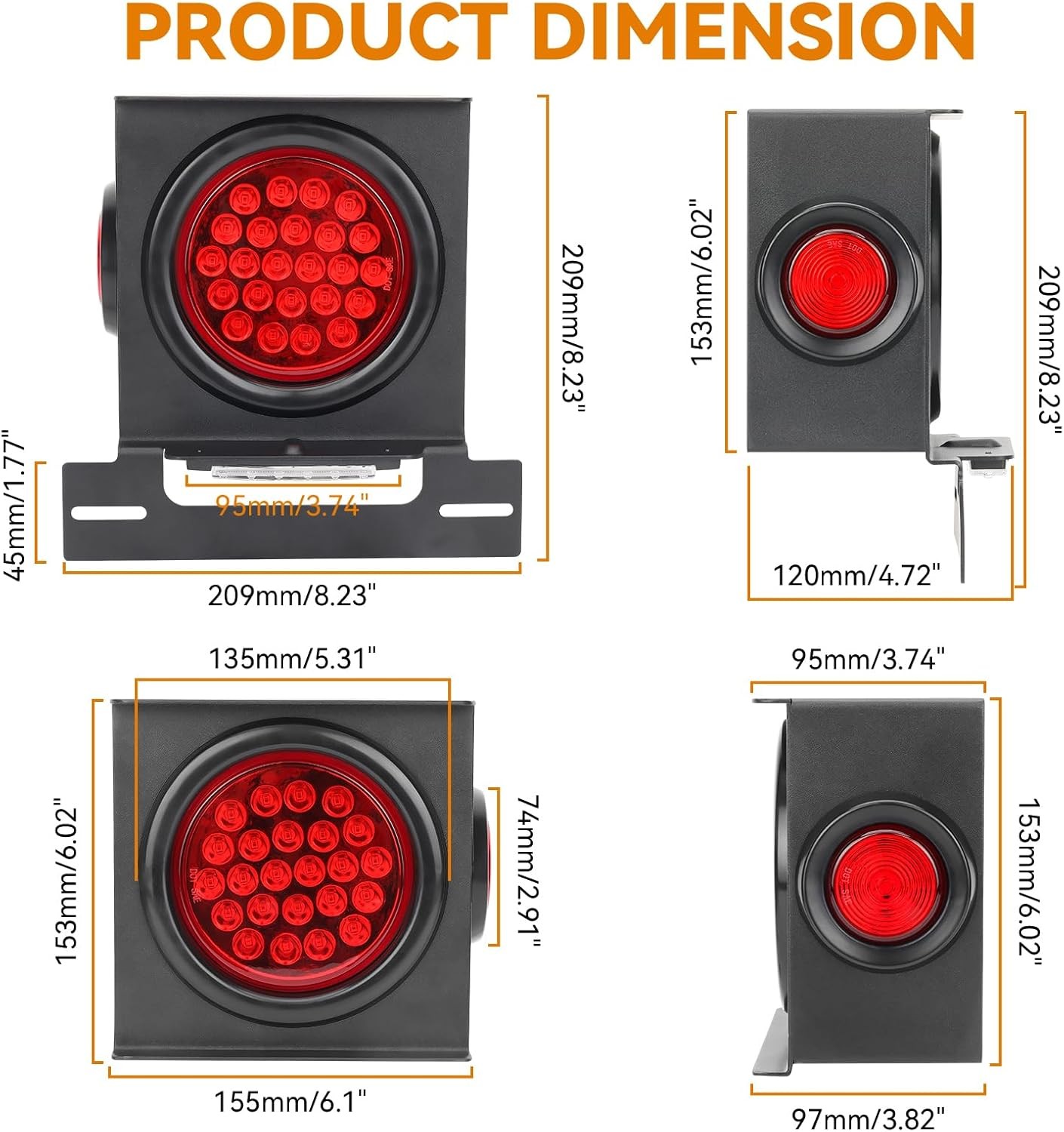 12V Square LED Trailer Light Steel Housing Kit, 2PCS IP67 Red Waterproof Stop Br