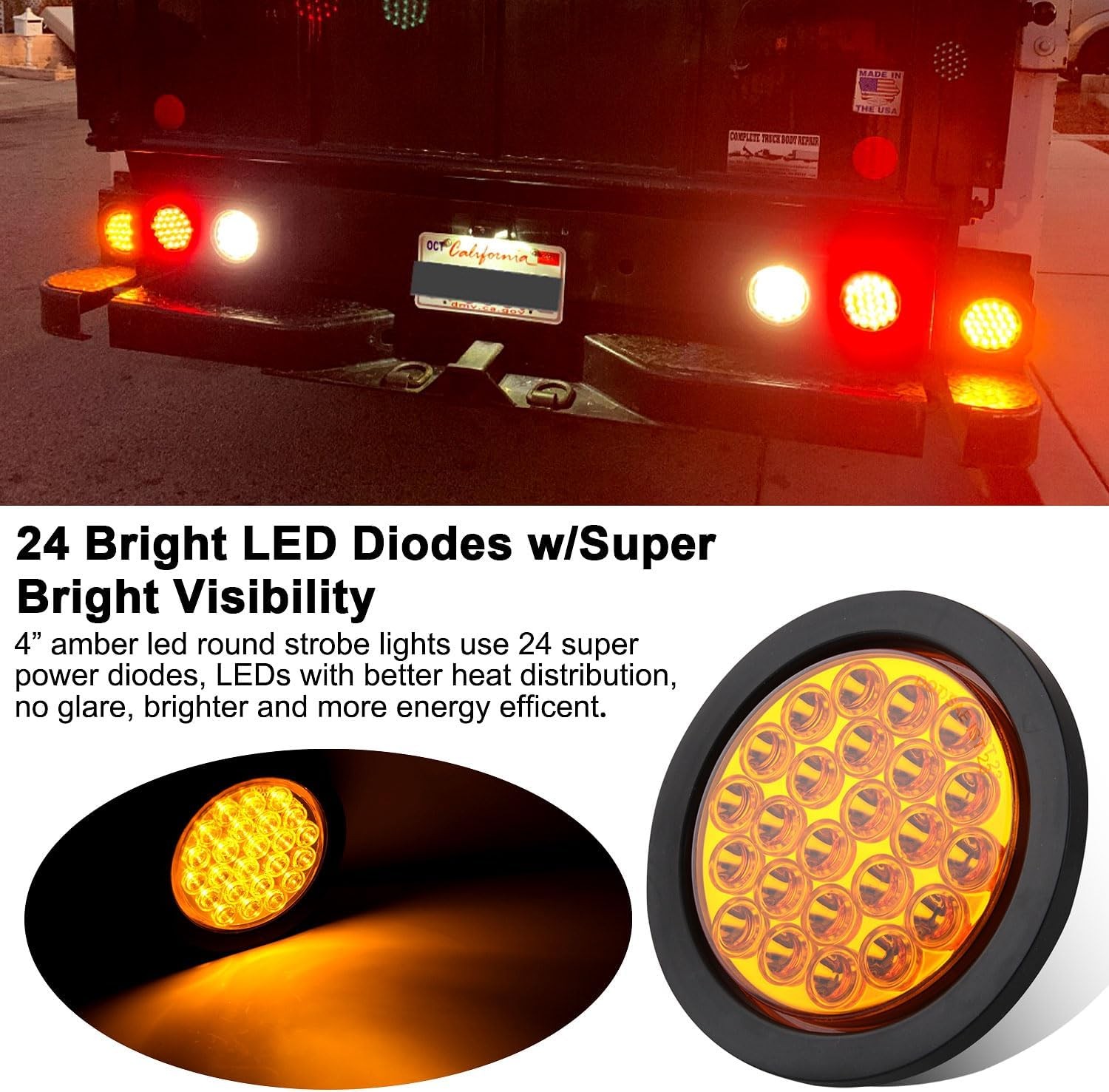 4Pcs 4 Inch Round Amber 24 LED Strobe Lights Solid Flash Patterns Truck Towing T