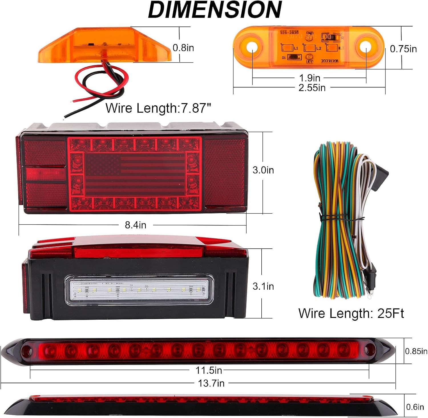 LED Trailer Light Kit 12V, Rectangular Brake Stop Turn Tail License Plate Lights