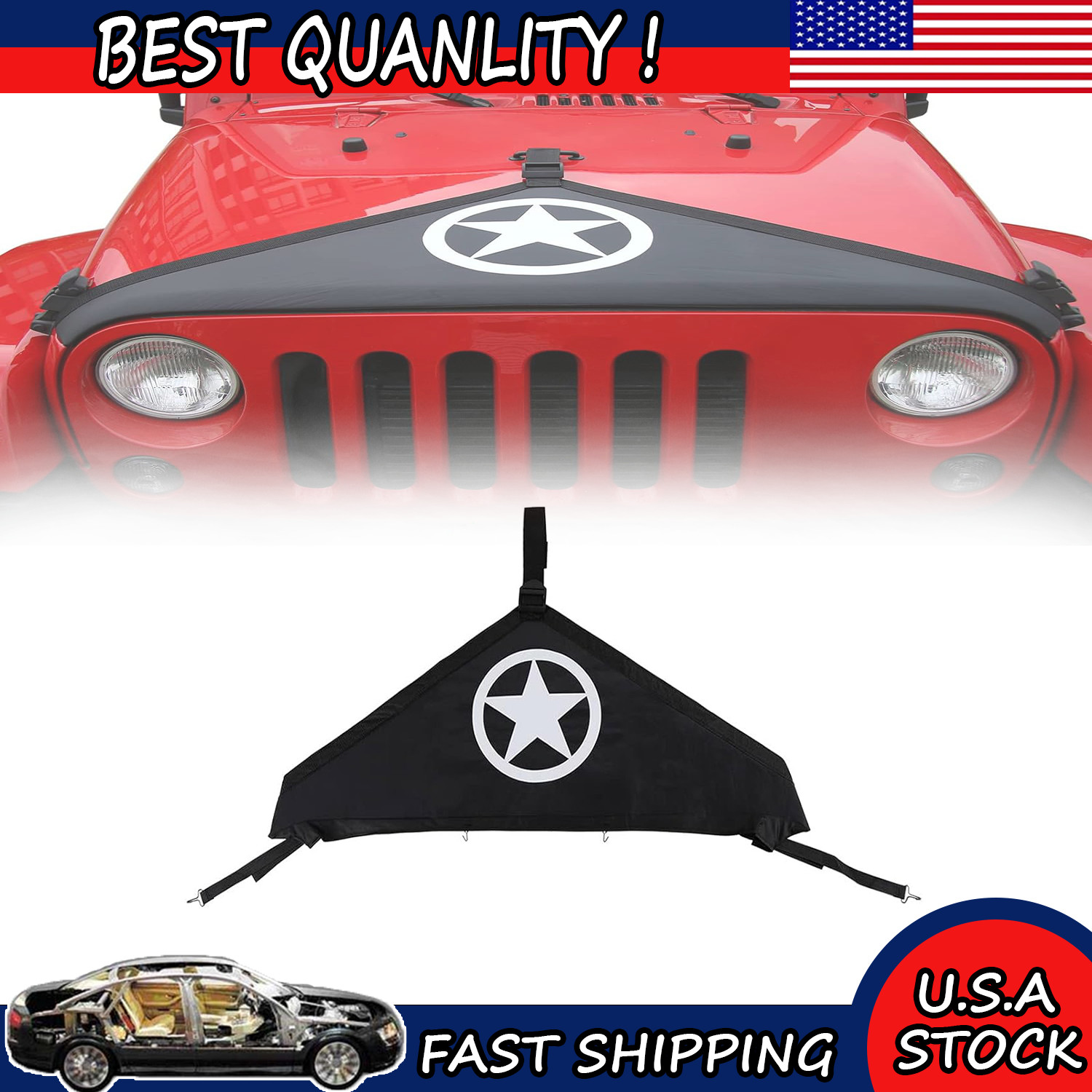 Front Hood Cover Bra Protector T-Style for Jeep Wrangler JK JKU 2007-2018 (Star)