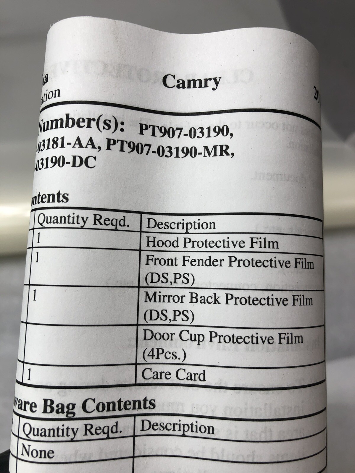 Toyota Camry 2019 Pain Protection Film- Hood, Fenders, Mirror Backs And Door Cup