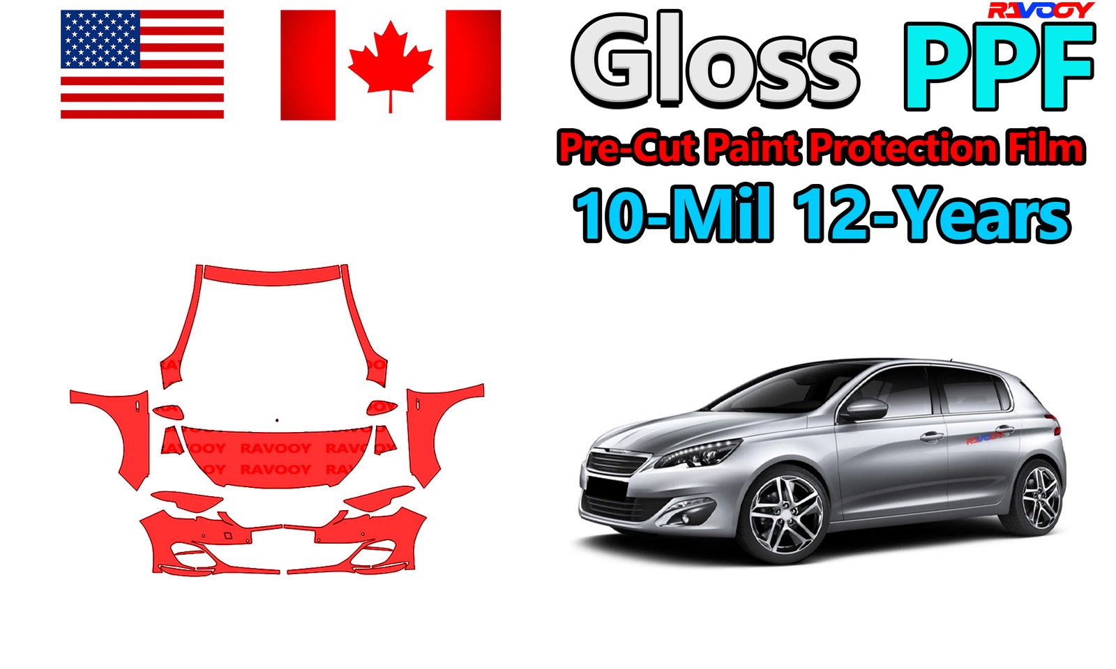 Gloss PreCut PPF Paint Protection Film For Peugeot 308 GTI Hatchback 2016-2020
