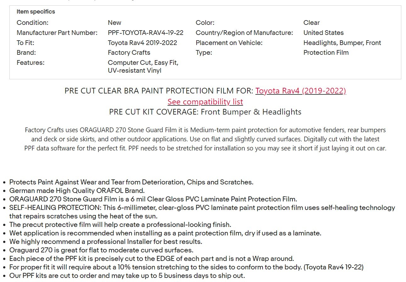 Stone Guard Paint Protection Film Clear Bra PPF For Toyota Rav4 19-22 FBLK