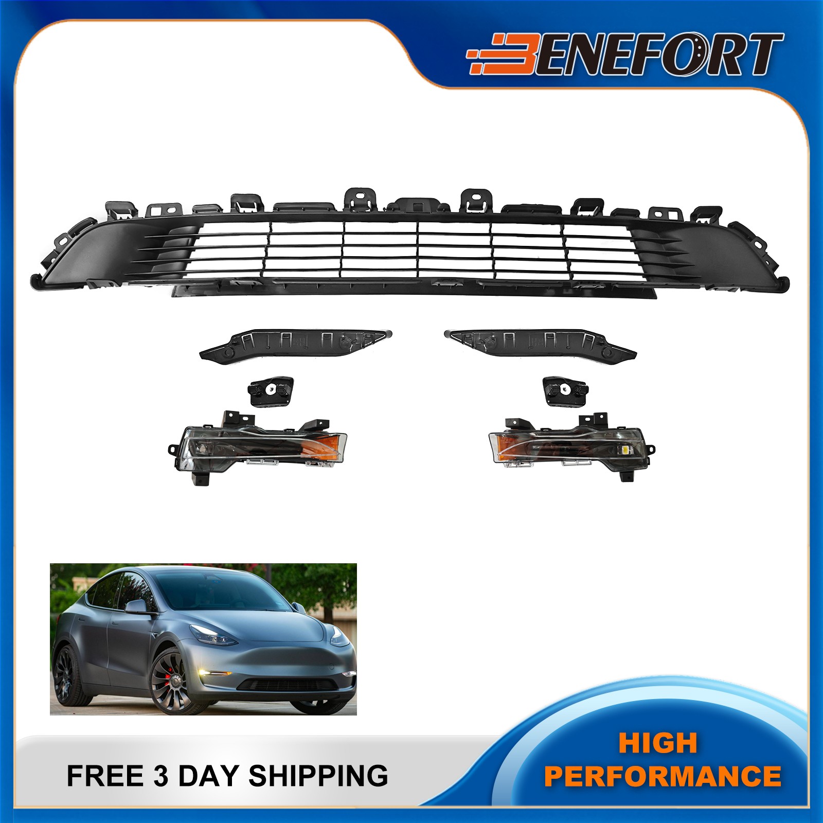 Front Lower Bumper Grille Kit with Fog Lights For 2020-2024 Tesla Model Y