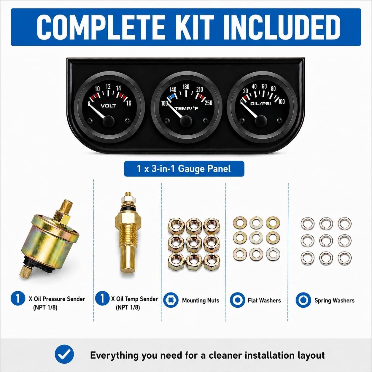 2 52mm Triple Gauge Set: Oil Pressure, Water Temperature, and Voltmeter 12V Car