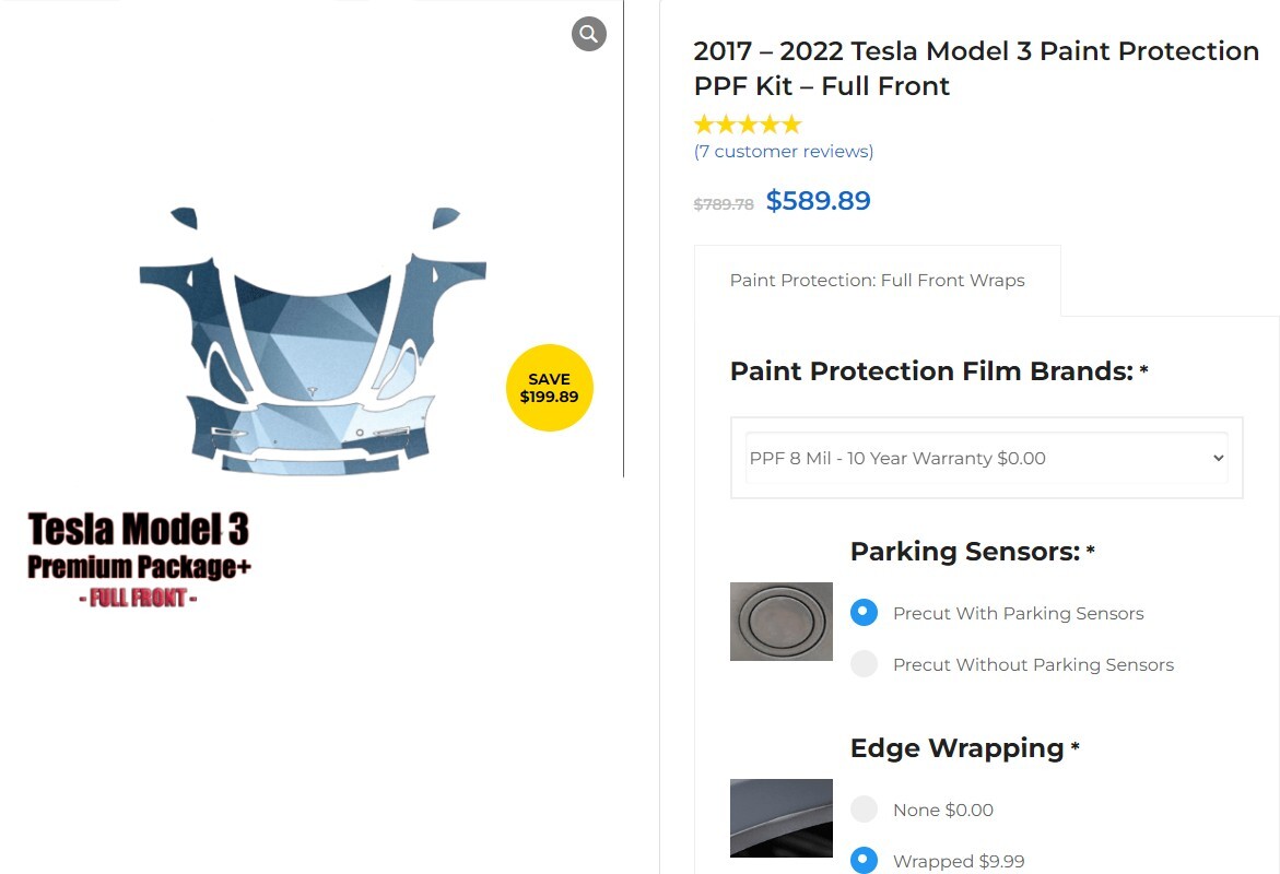 STEK PPF 2017-2022 Tesla Model 3 Full Front wrapped with sensor cutouts