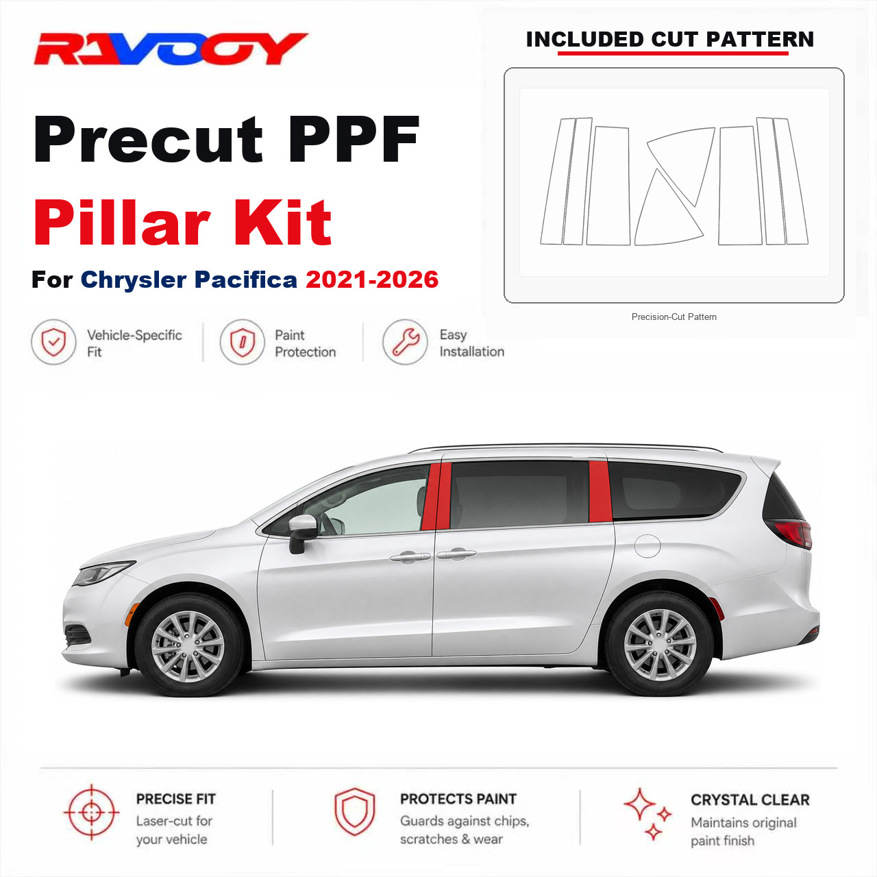 Precut PPF B Pillar Kit Clear Bra 8.5mil TPU For 2021-2026 Chrysler Pacifica