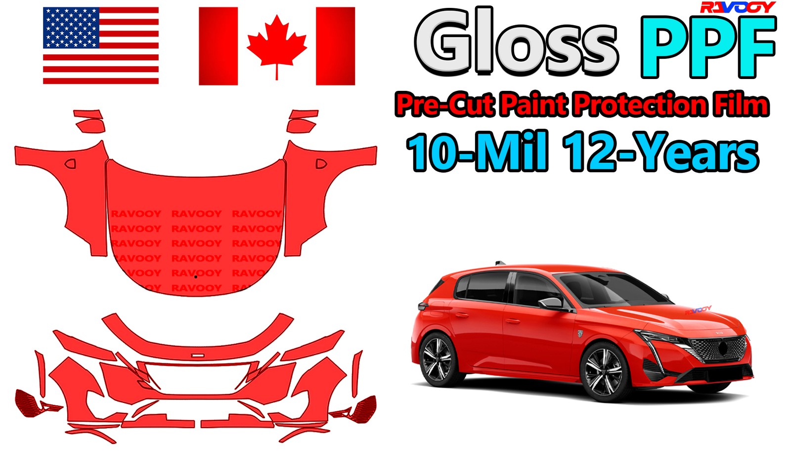 PreCut PPF Paint Protection Film For Peugeot 308 GT 2022-2026 8.5mil Clear Bra