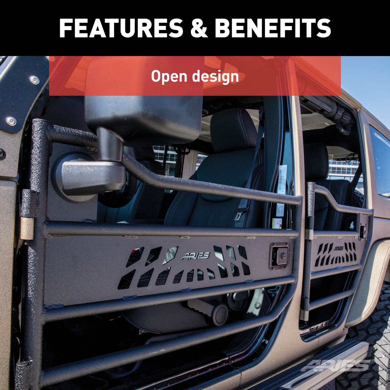 Aries Front Tubular Doors Textured Black Aluminum Set 2 for 07-18 Wrangler JK
