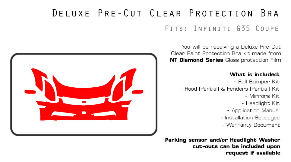PreCut Paint Clear Bra Film PPF for Infiniti G35 Coupe 2003-2007