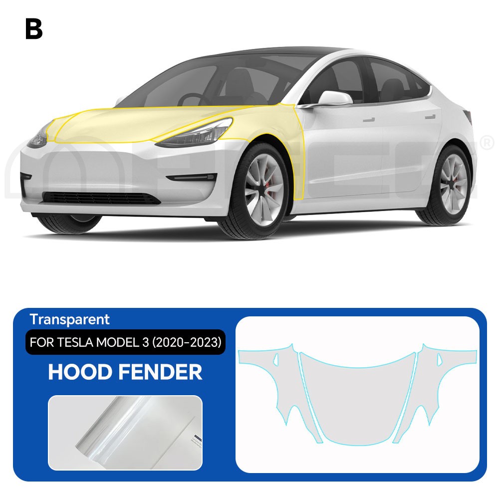 Tesla Model 3 2017-2023 Hood Fender PreCut Paint Protection Film Clear Bra PPF