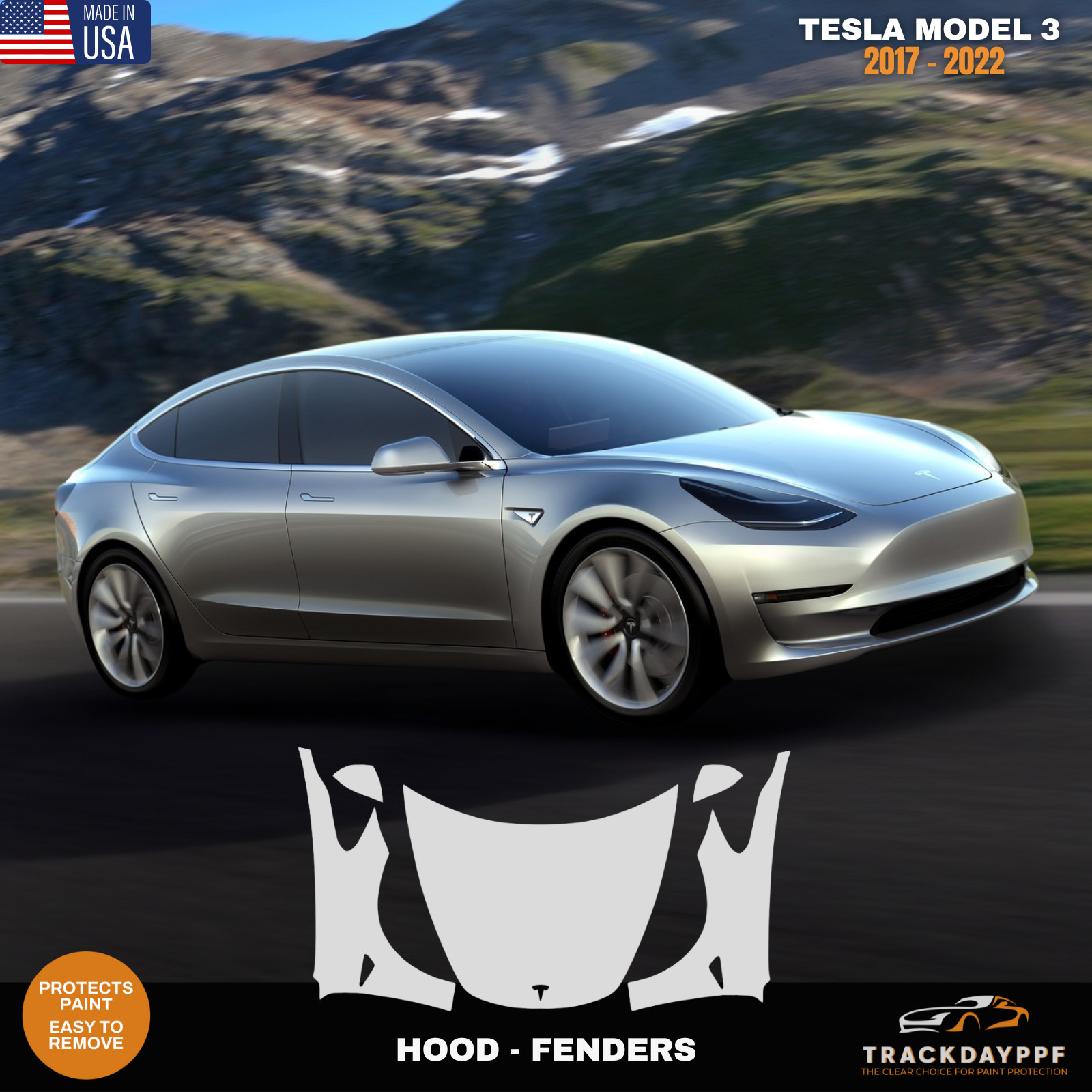 Paint Protection Film, Clear -Tesla Model 3 2017-2022 Hood, Fenders, mirror