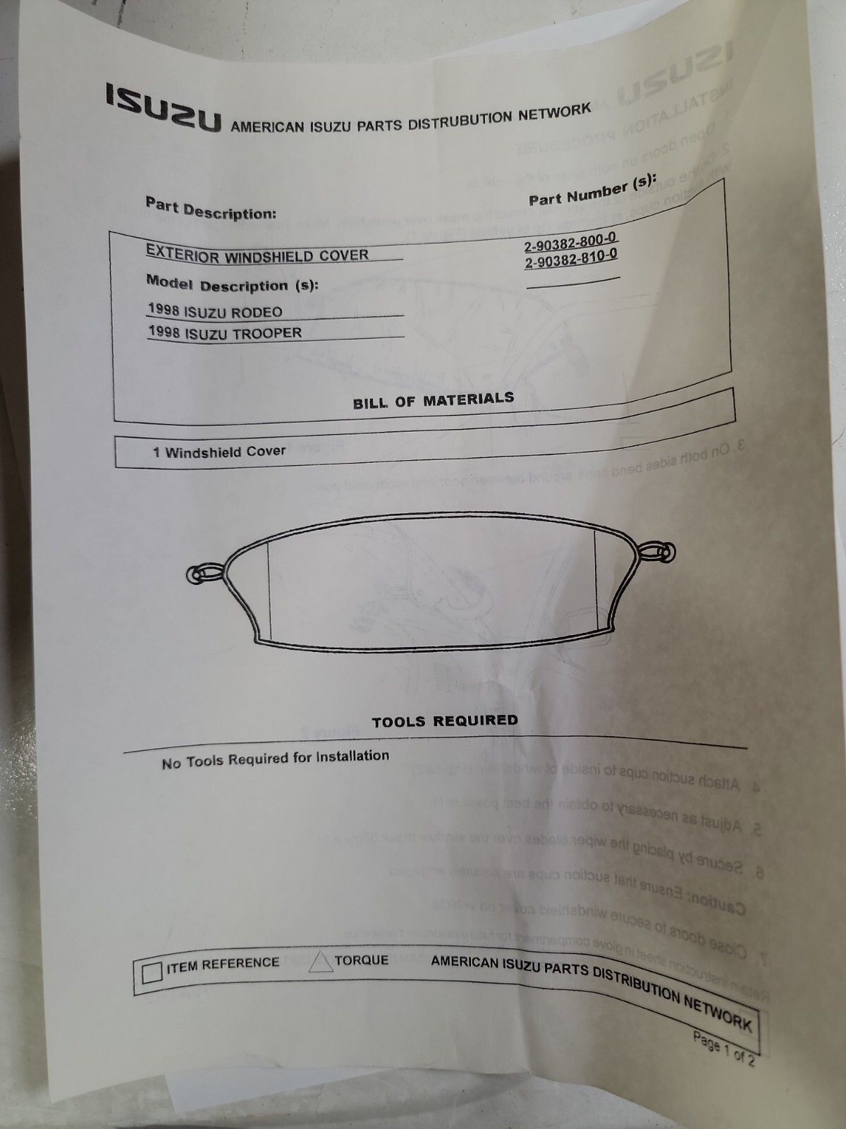 New OEM 1998 Isuzu rodeo trooper windshield mask 2-90382-800-0 2-90382-810-0
