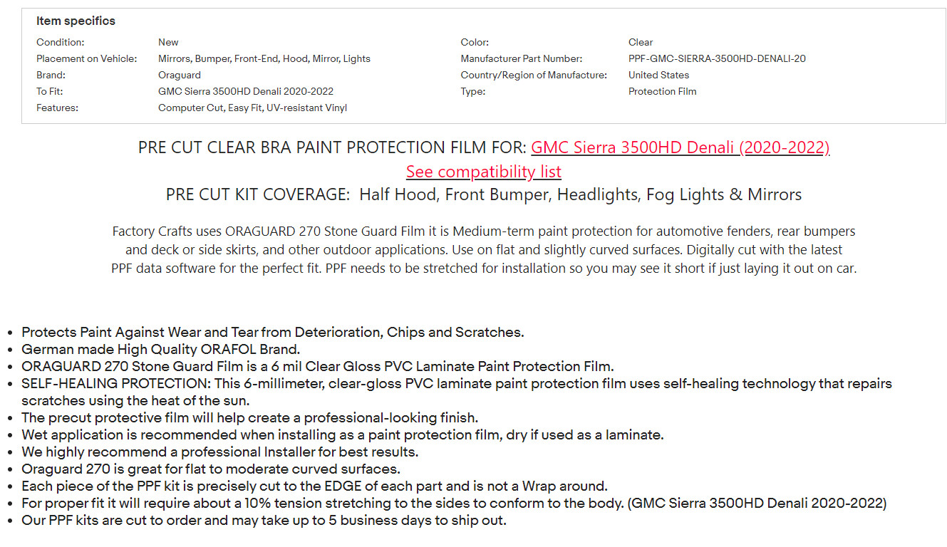 Stone Guard Protection Film Clear Bra PPF For GMC Sierra 3500HD Denali 20-22 FE