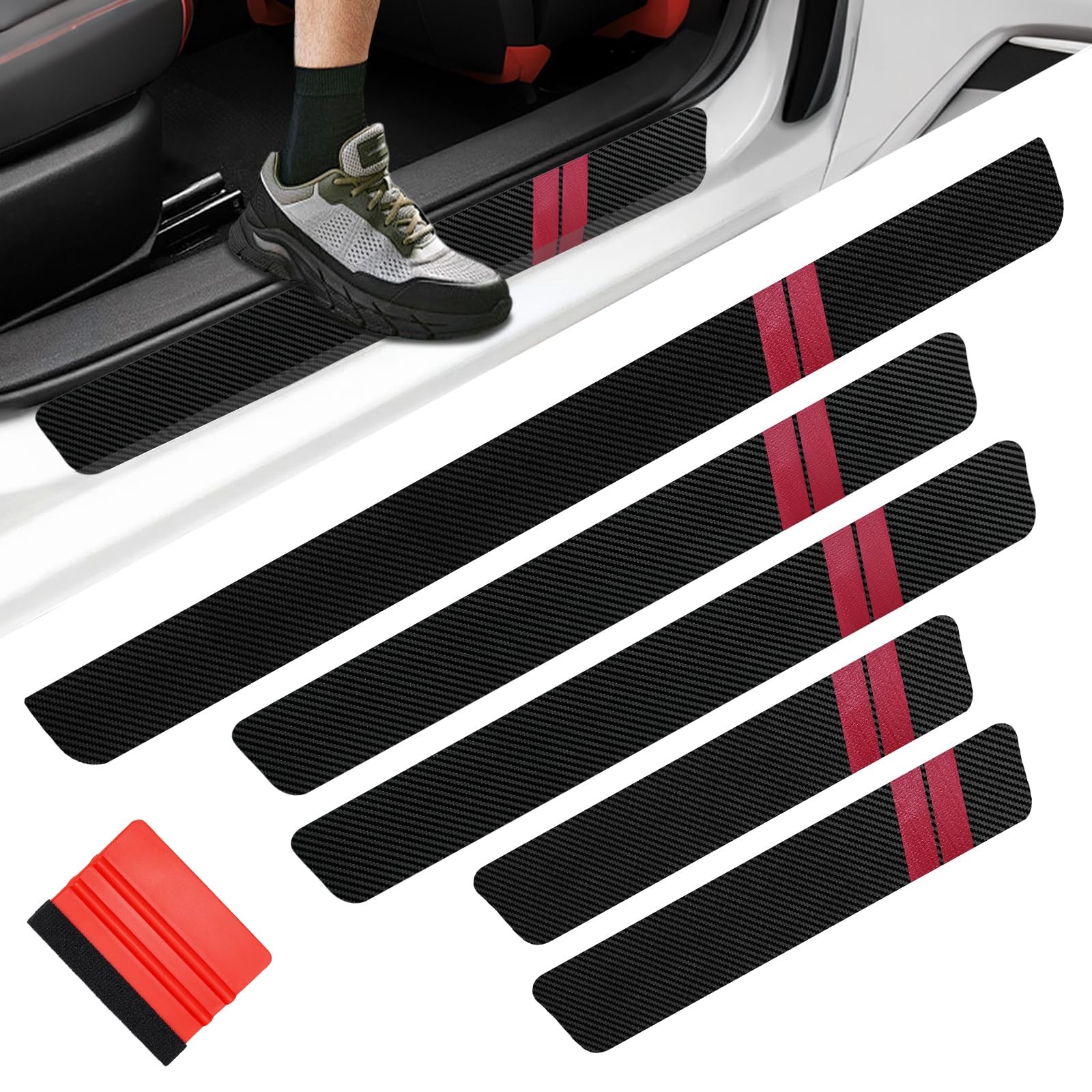 FOVKO Universal 5PCS Door Sill Protector, Car Threshold Protection, Red