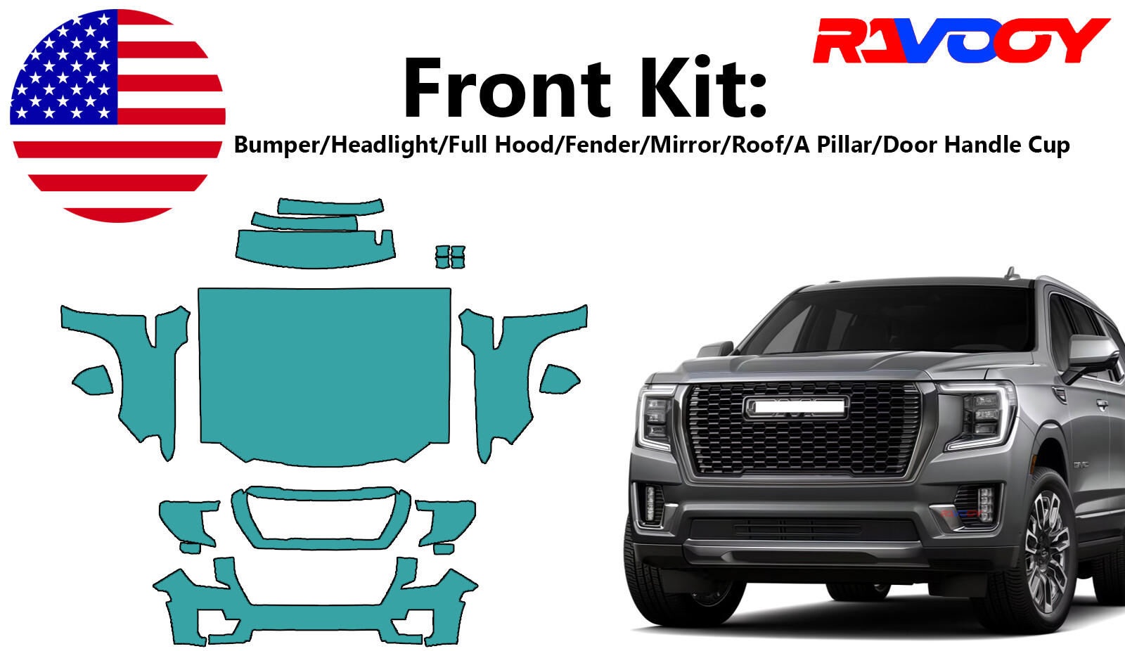 For GMC Yukon Denali SLE SLT 2021-2024 Front Paint Protection Film PreCutKit PPF