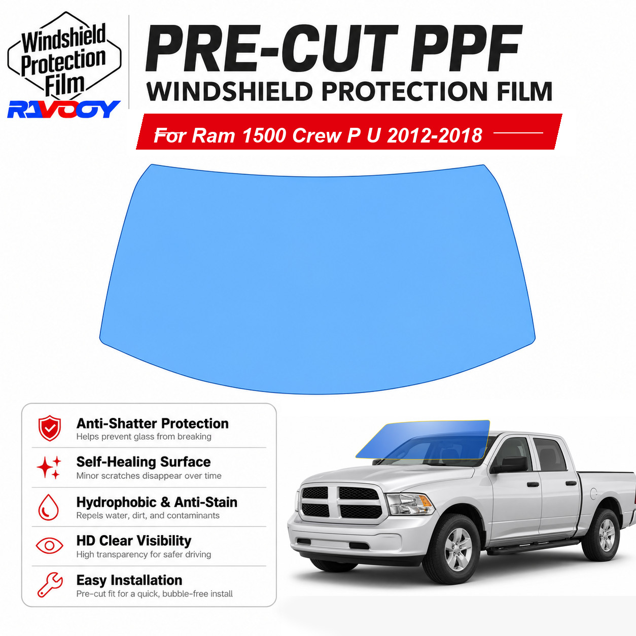 PreCut Front Windshield Protection Film Clear Bra For Ram 1500 2012-2018