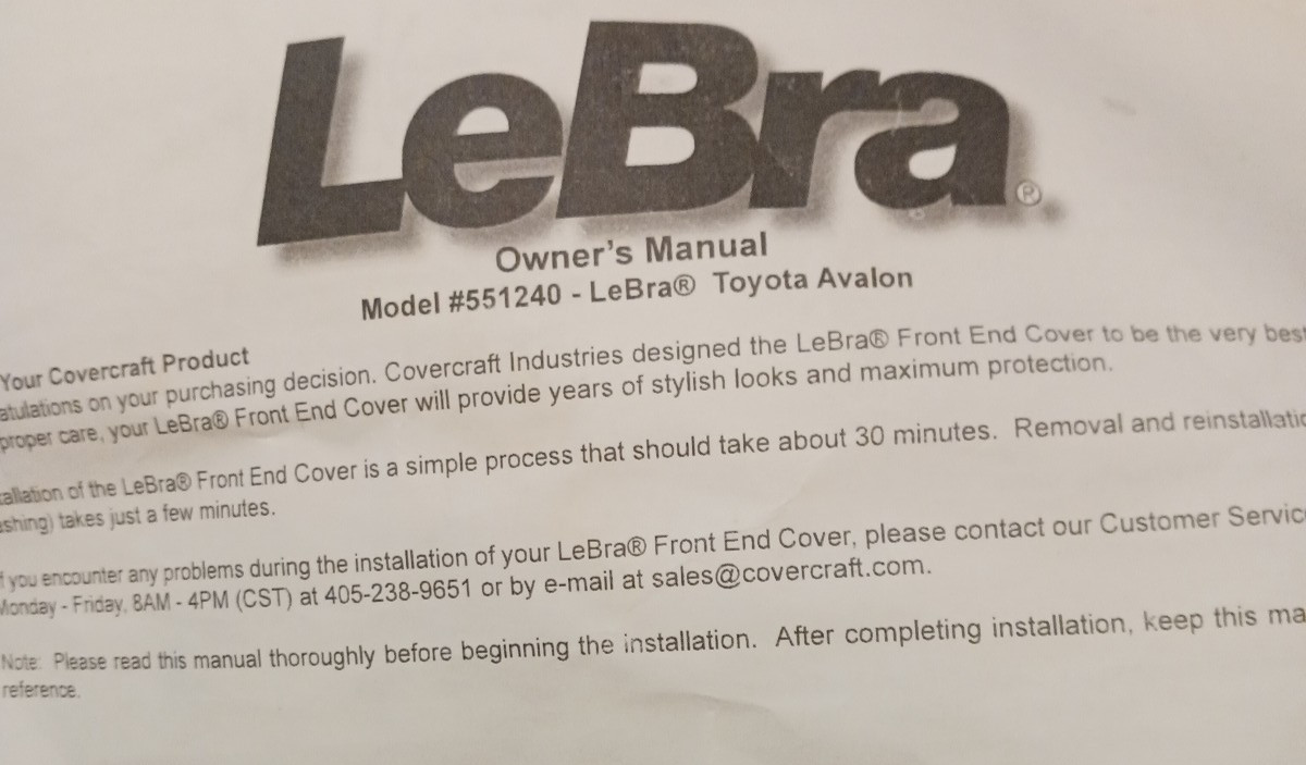 551240 Covercraft LeBra 2011-2012 Toyota Avalon – BOTTOM BUMPER SECTION ONLY