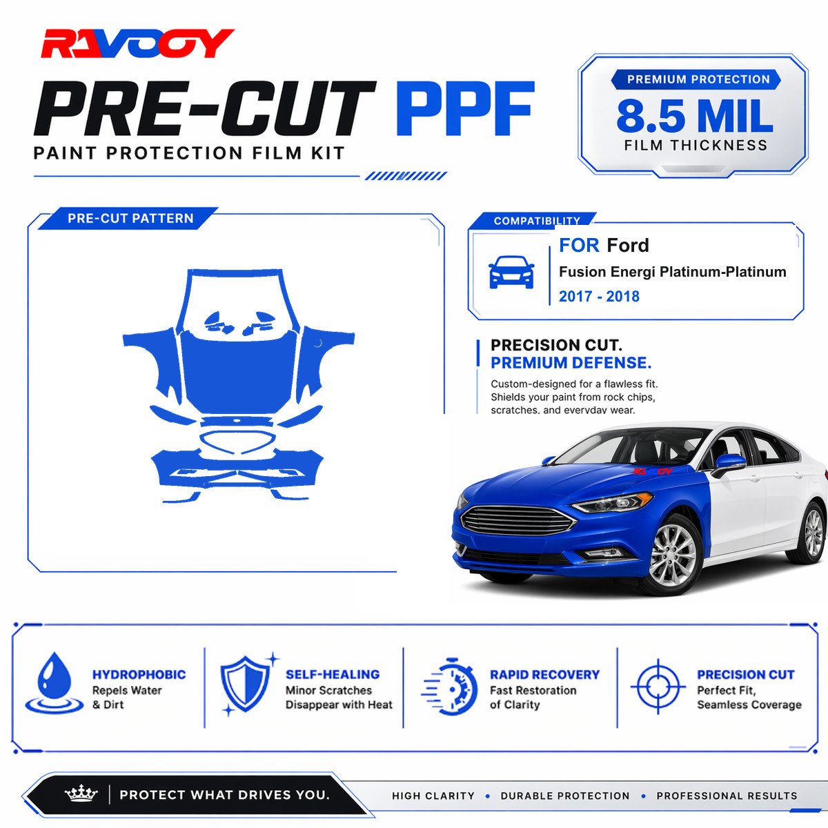 Precut PPF Clear Bra Kit For Ford Fusion Energi Platinum-Platinum 2017-2018
