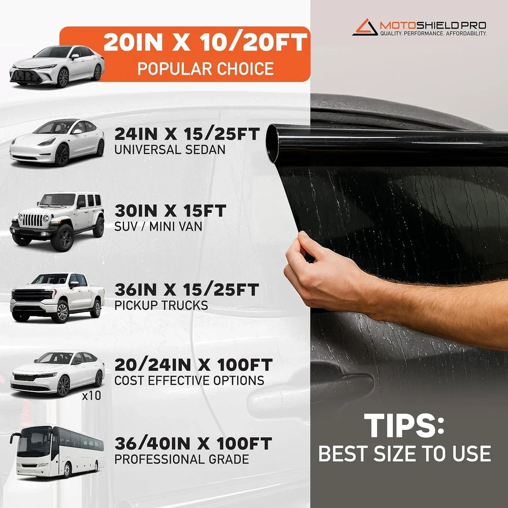 MotoShield Pro 25% VLT Nano Ceramic Window Tint for Car 20” 20in x 10 ft,
