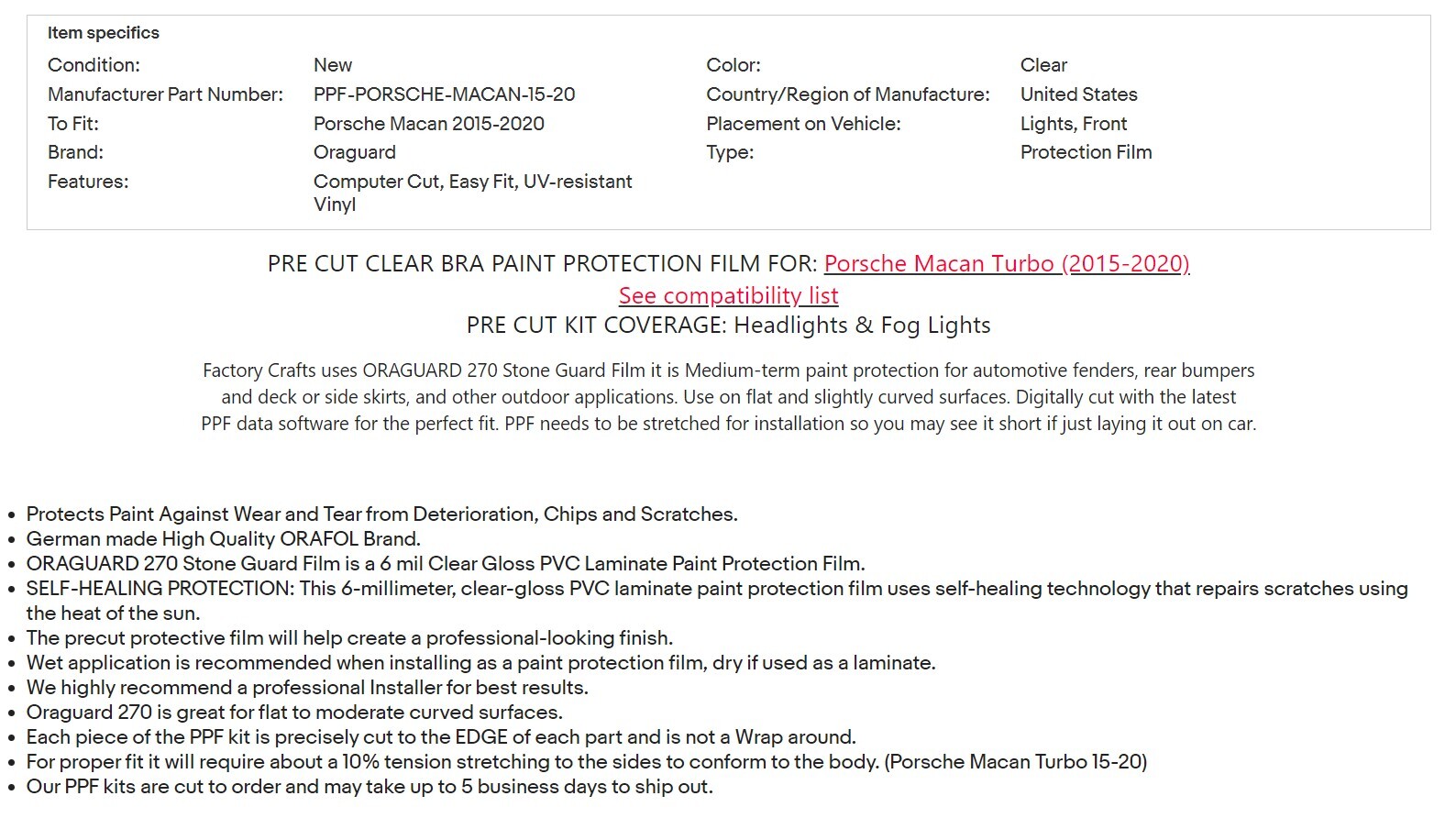 Stone Guard Protection Film Clear Bra PPF For Porsche Macan 15-20 Turbo FLK
