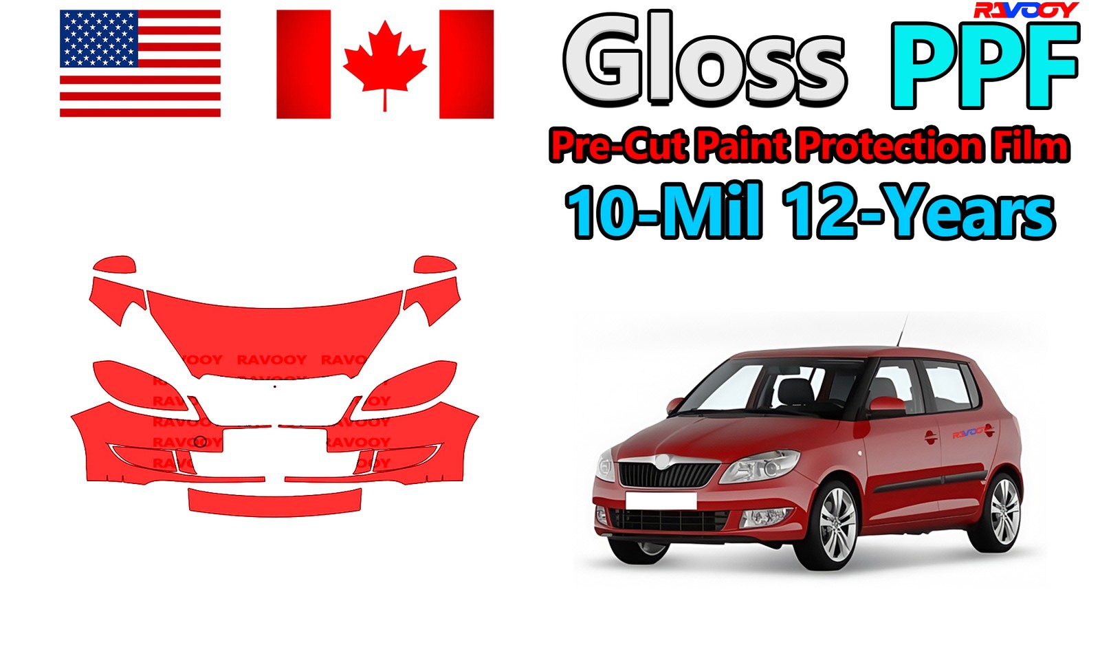10mil Gloss PreCut PPF Paint Protection Film For Skoda Fabia Elegance 2010-2014
