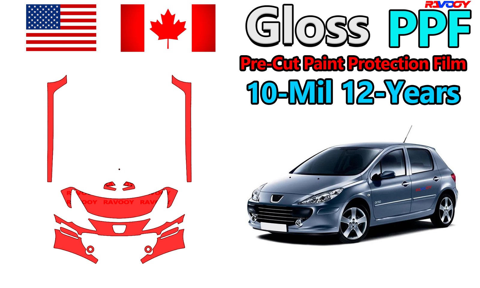10mil Gloss PreCut PPF Paint Protection Film For Peugeot 307 Base 2001-2008