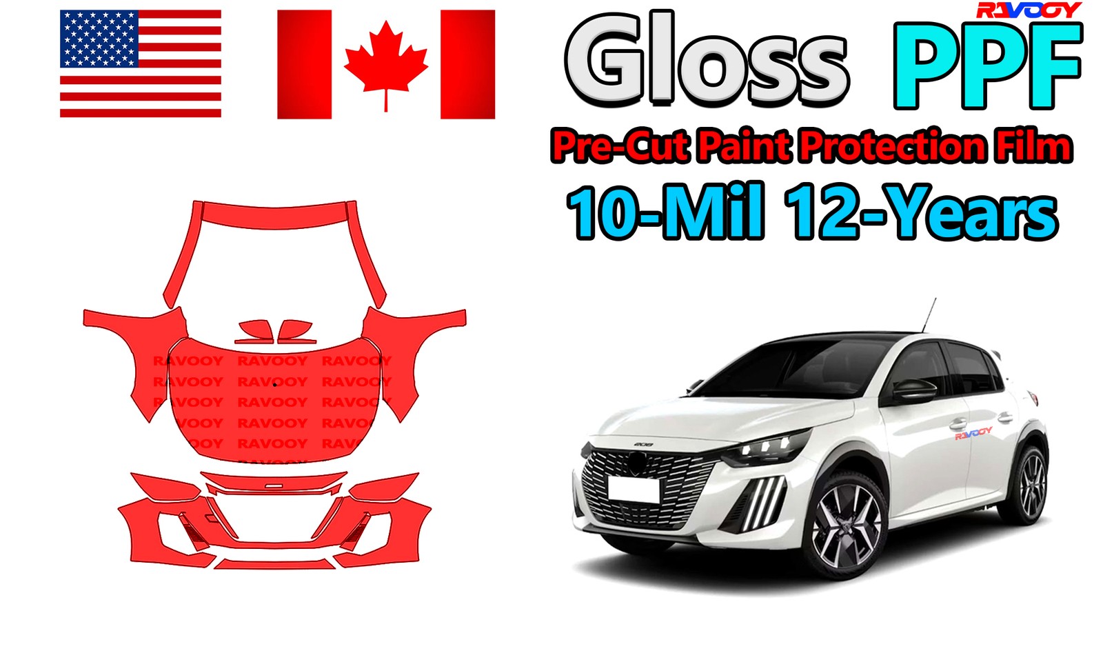 10mil PreCut PPF Paint Protection Film For Peugeot 208 Active 2024-2026 8.5mil