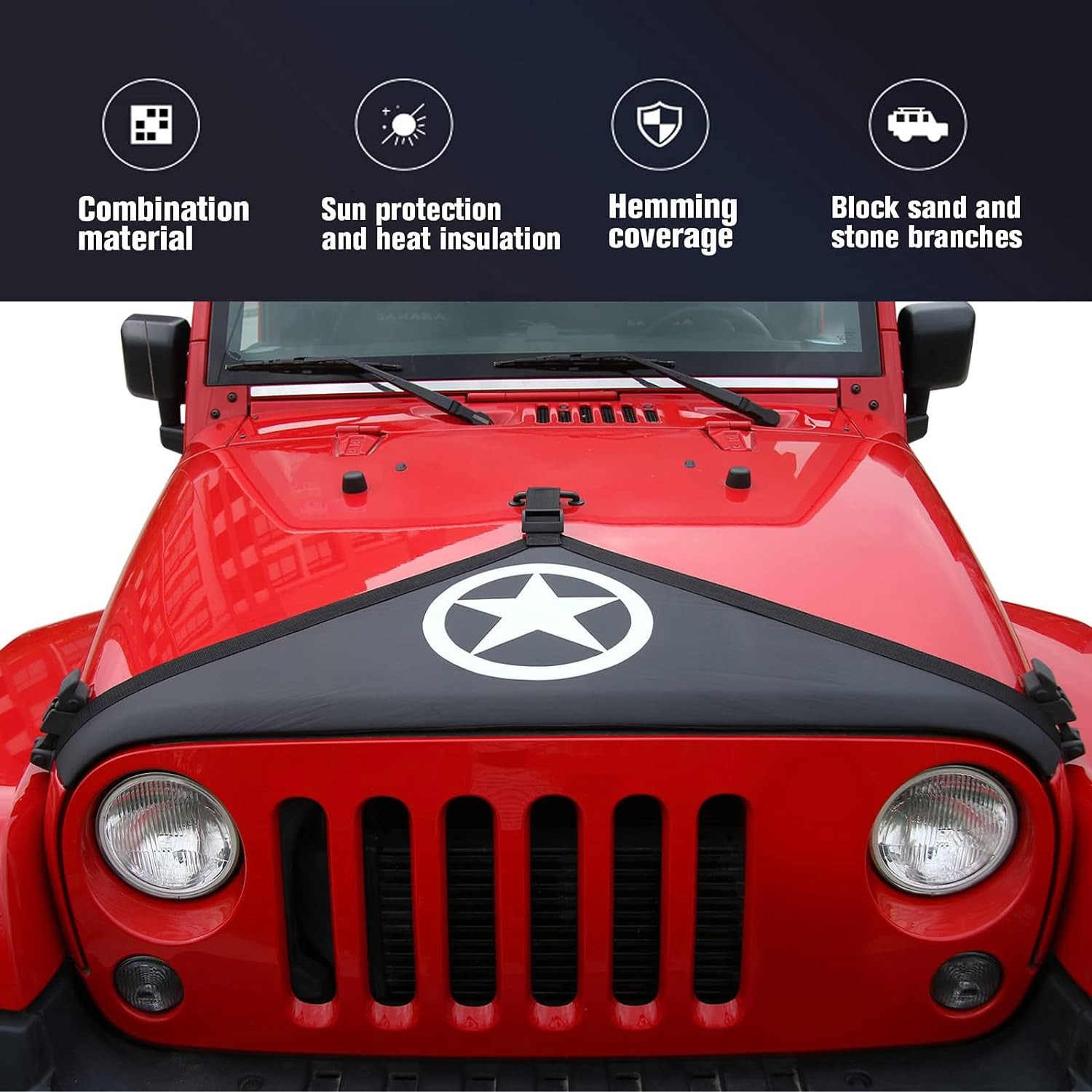 Front Hood Cover Bra Protector T-Style for Jeep Wrangler JK JKU 2007-2018 (Star)