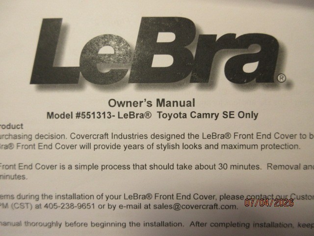 LeBra Custom Front End Cover for 2012-13 Toyota Camry SE, Includes Hybrid SE S/O