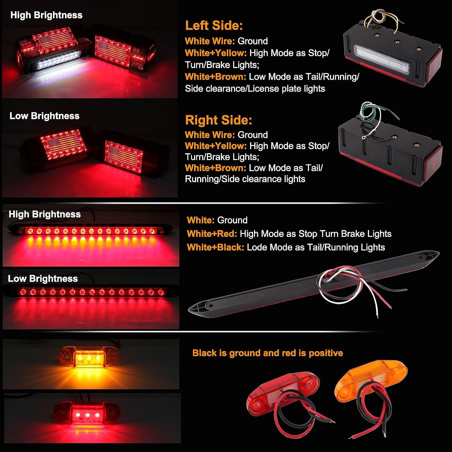 LED Trailer Light Kit 12V, Rectangular Brake Stop Turn Tail License Plate Lights