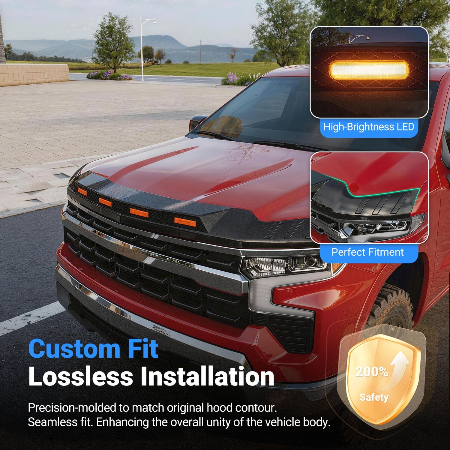 Hood Protector With LED Light For 2022-2026 Chevrolet Silverado LT Bugflector