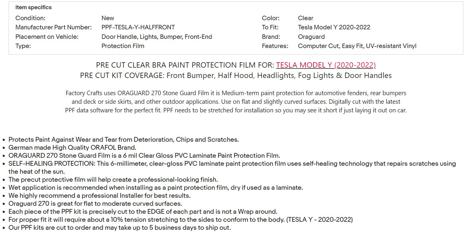 Stone Guard Paint Protection Film Clear Bra PPF FOR Tesla Model Y 20-22 Half kit