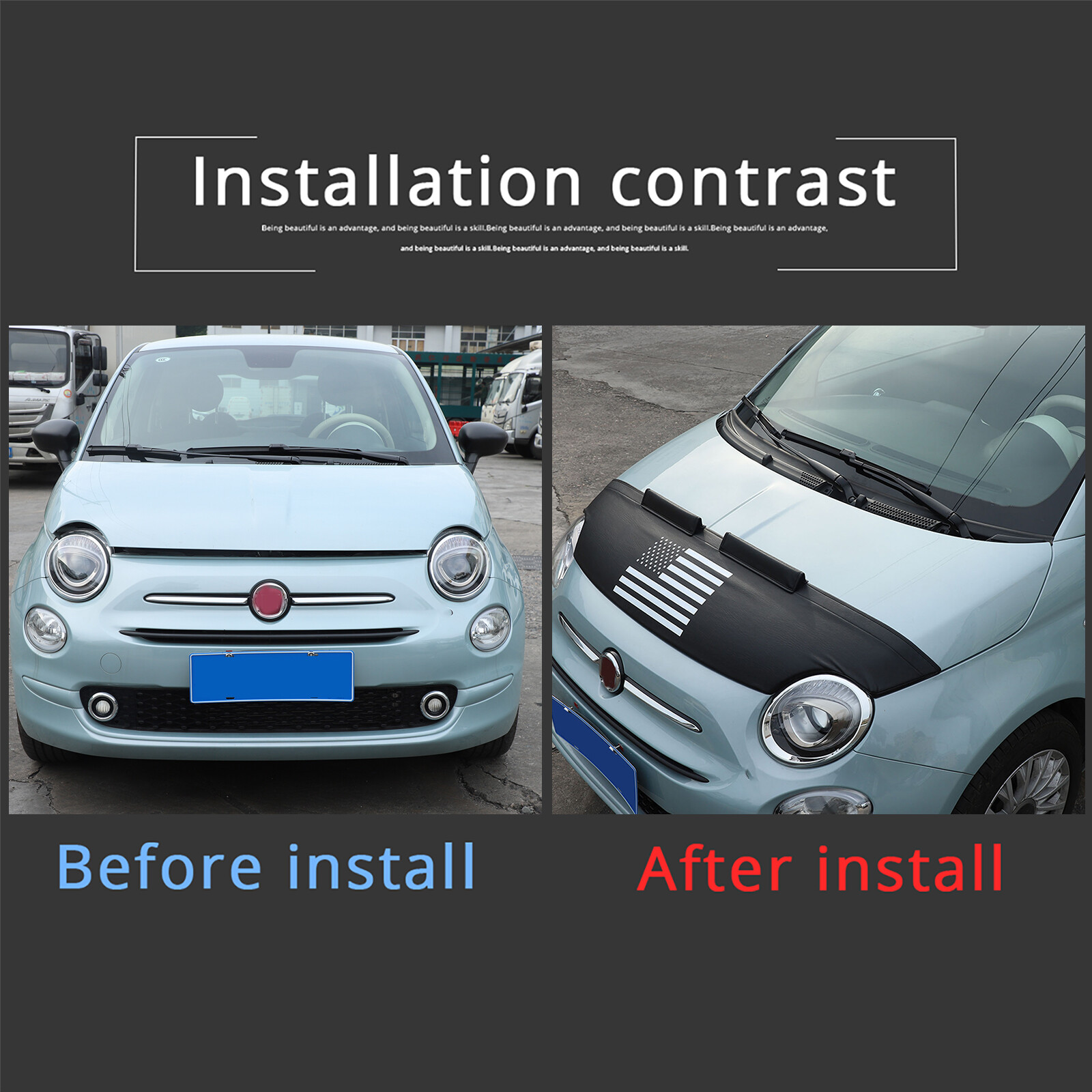 Front Bumper Lebra Car Bonnet Mask Hood Bra Fit For Fiat 500 500C 2007-24 Black