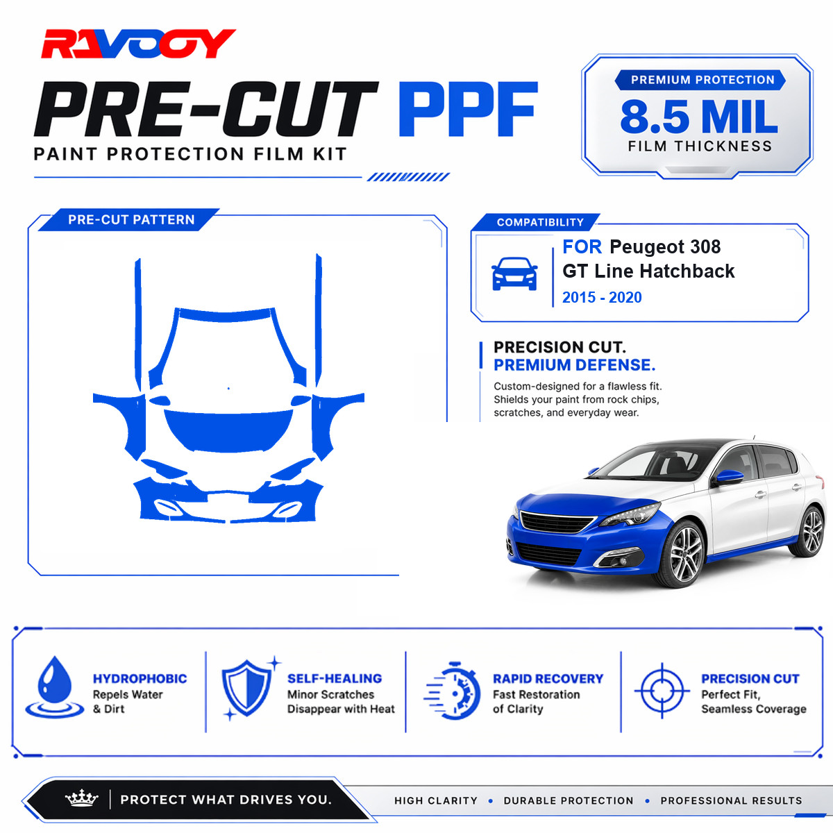 Precut PPF Front Kit Rockers For 2015-2020 Peugeot 308 GT Line Hatchback