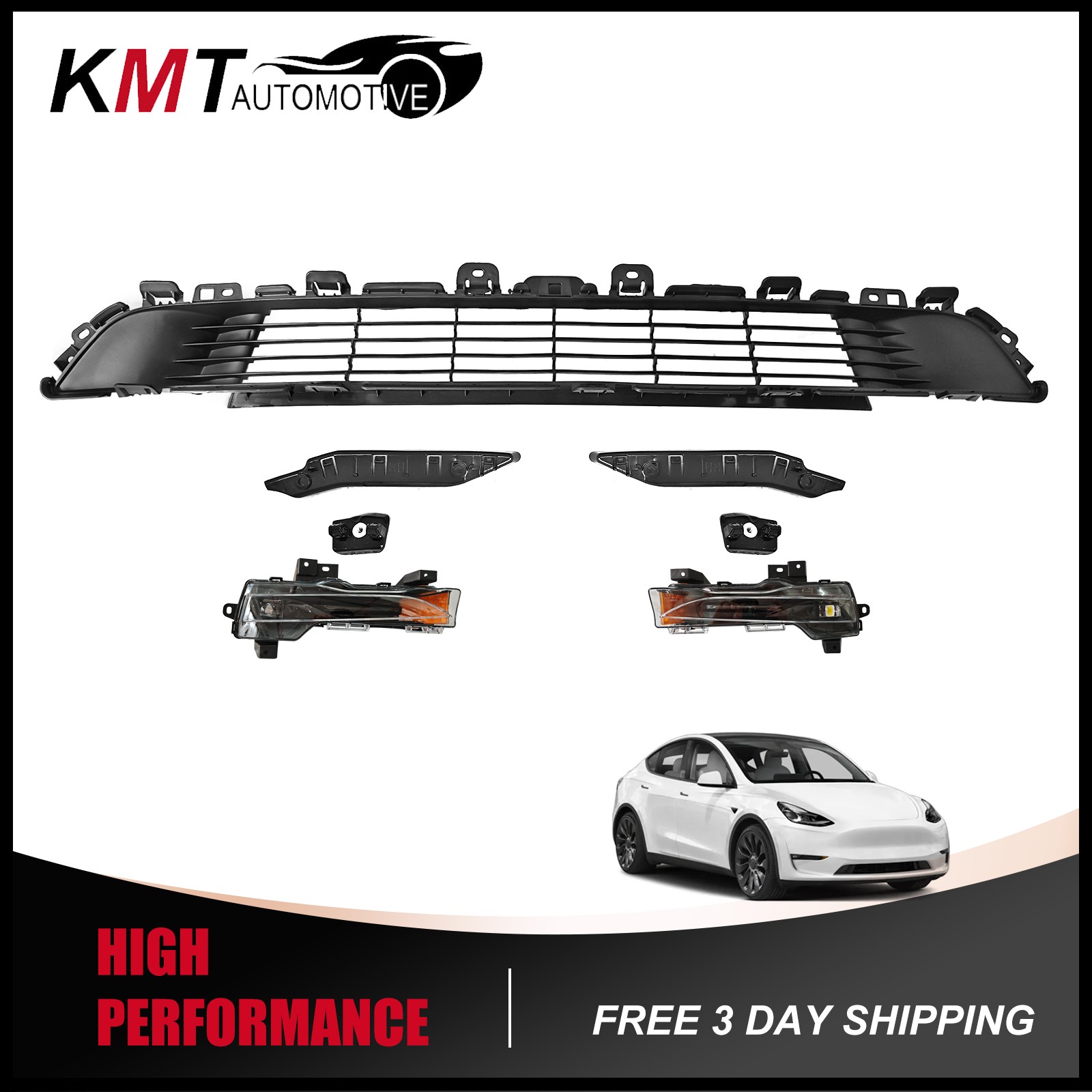 For Tesla Model Y 2020-2024 Front Bumper Lower Grille & Fog Lamp & Bracket Kit