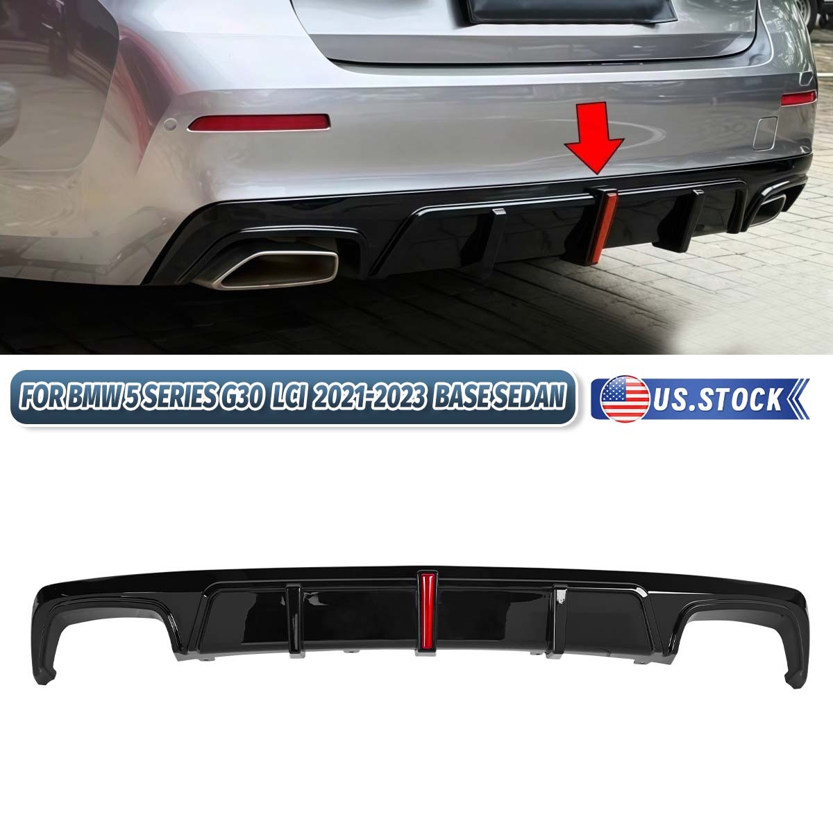 For BMW 5 Series G30 LCI 2021-23 Rear Bumper Diffuser Lip Splitter w/ LED light