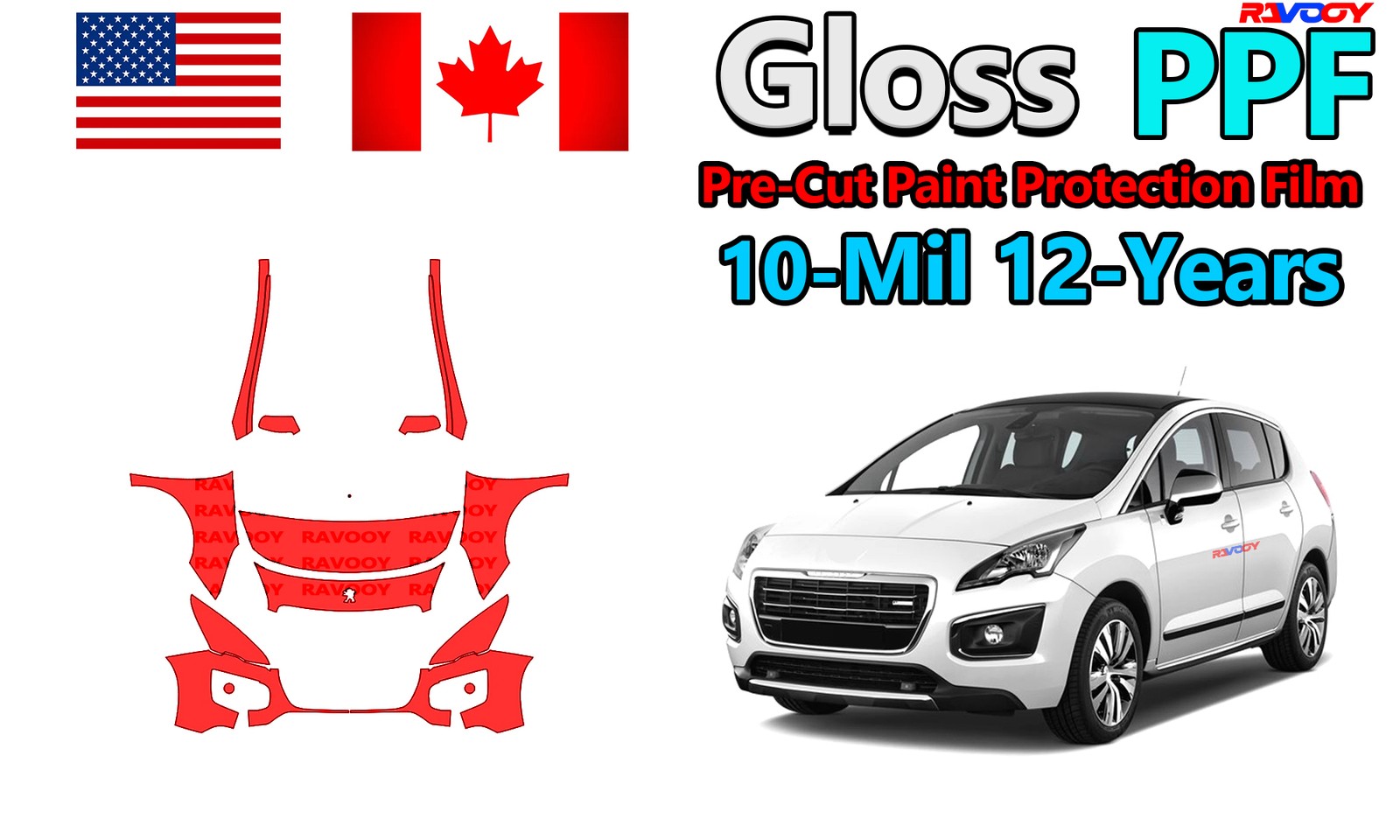 10mil Gloss PreCut PPF Paint Protection Film For Peugeot 3008 SE 2015-2017