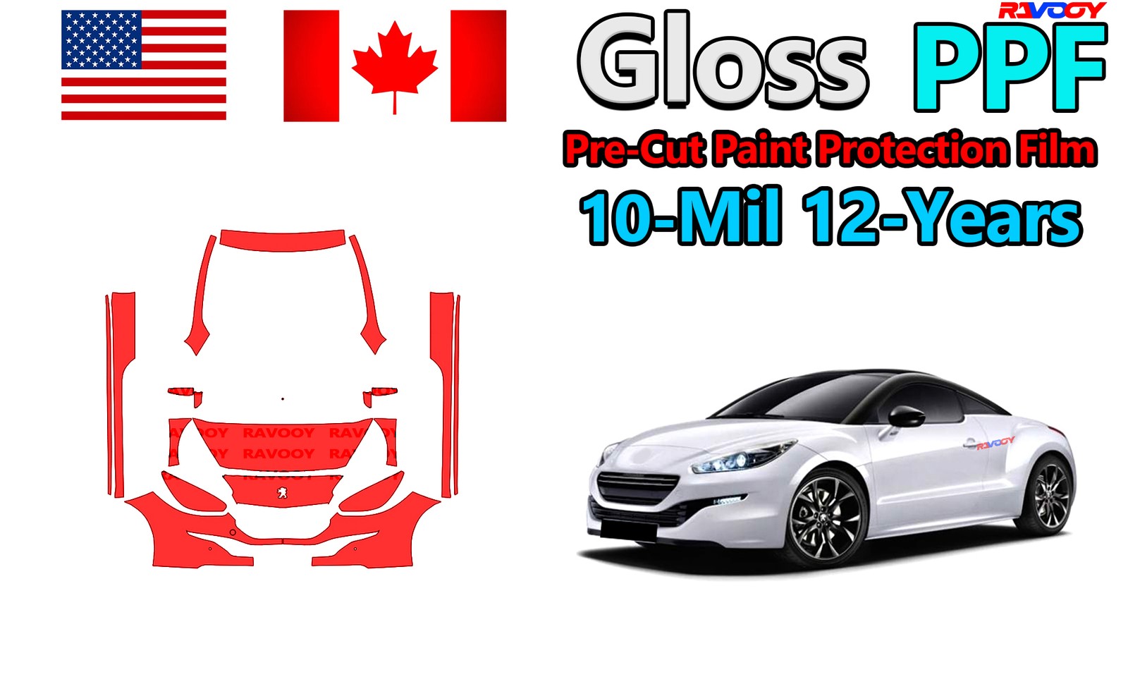 10mil Gloss PreCut PPF Paint Protection Film For Peugeot RCZ GT Coupe 2013-2016