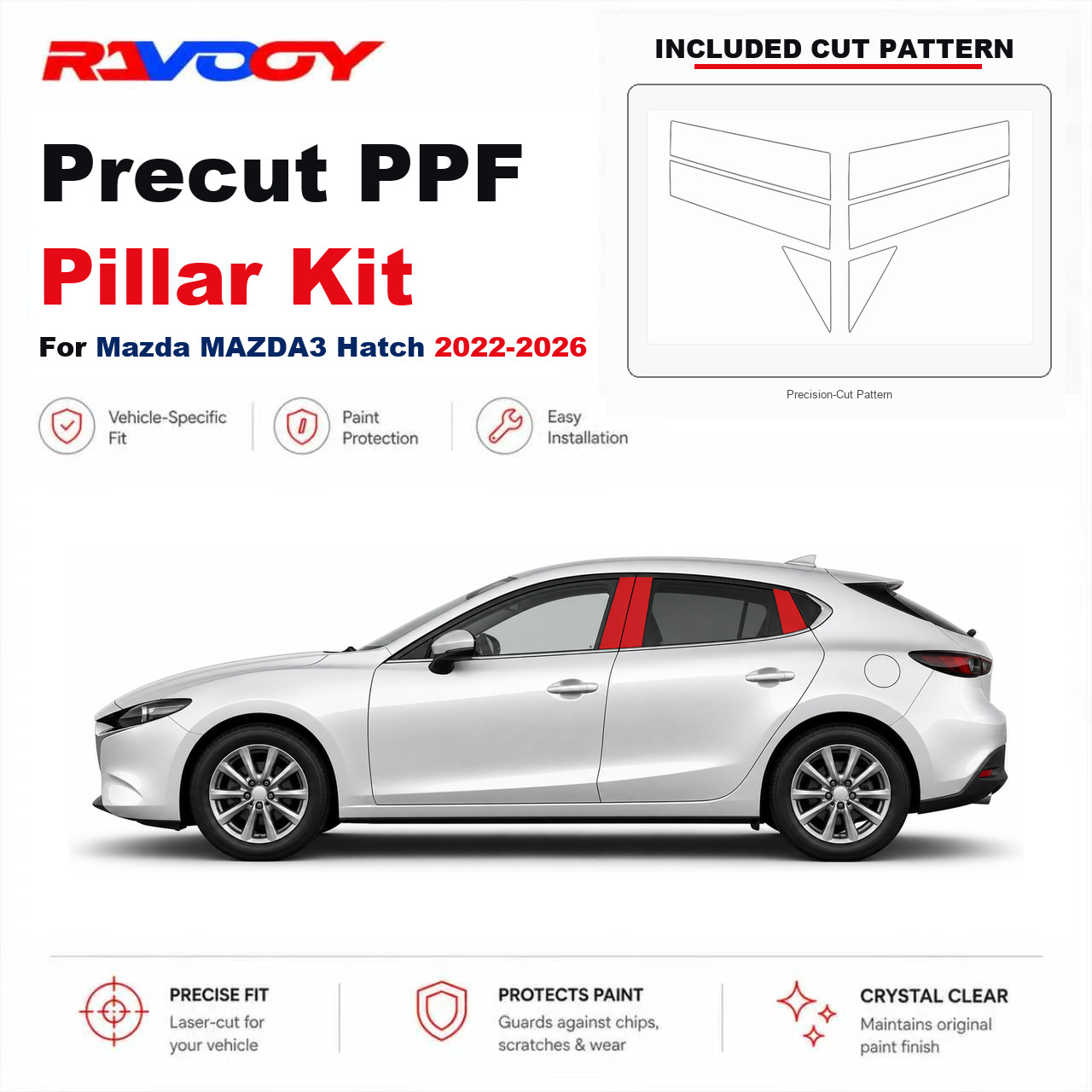 Precut PPF B Pillar Kit Clear Bra 8.5mil TPU For 2022-2026 Mazda MAZDA3 Hatch