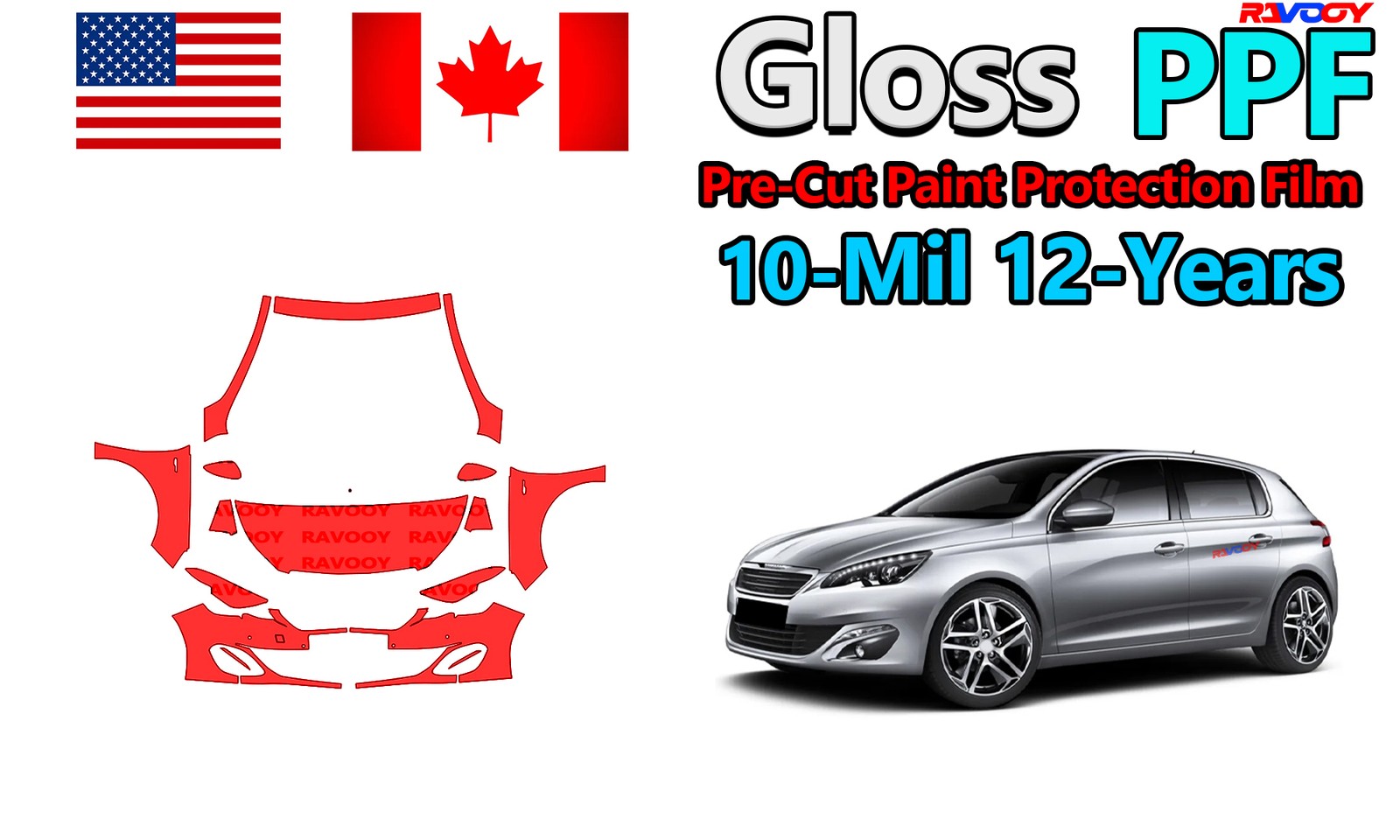 Gloss PreCut PPF Paint Protection Film For Peugeot 308 GT Hatchback 2015-2020