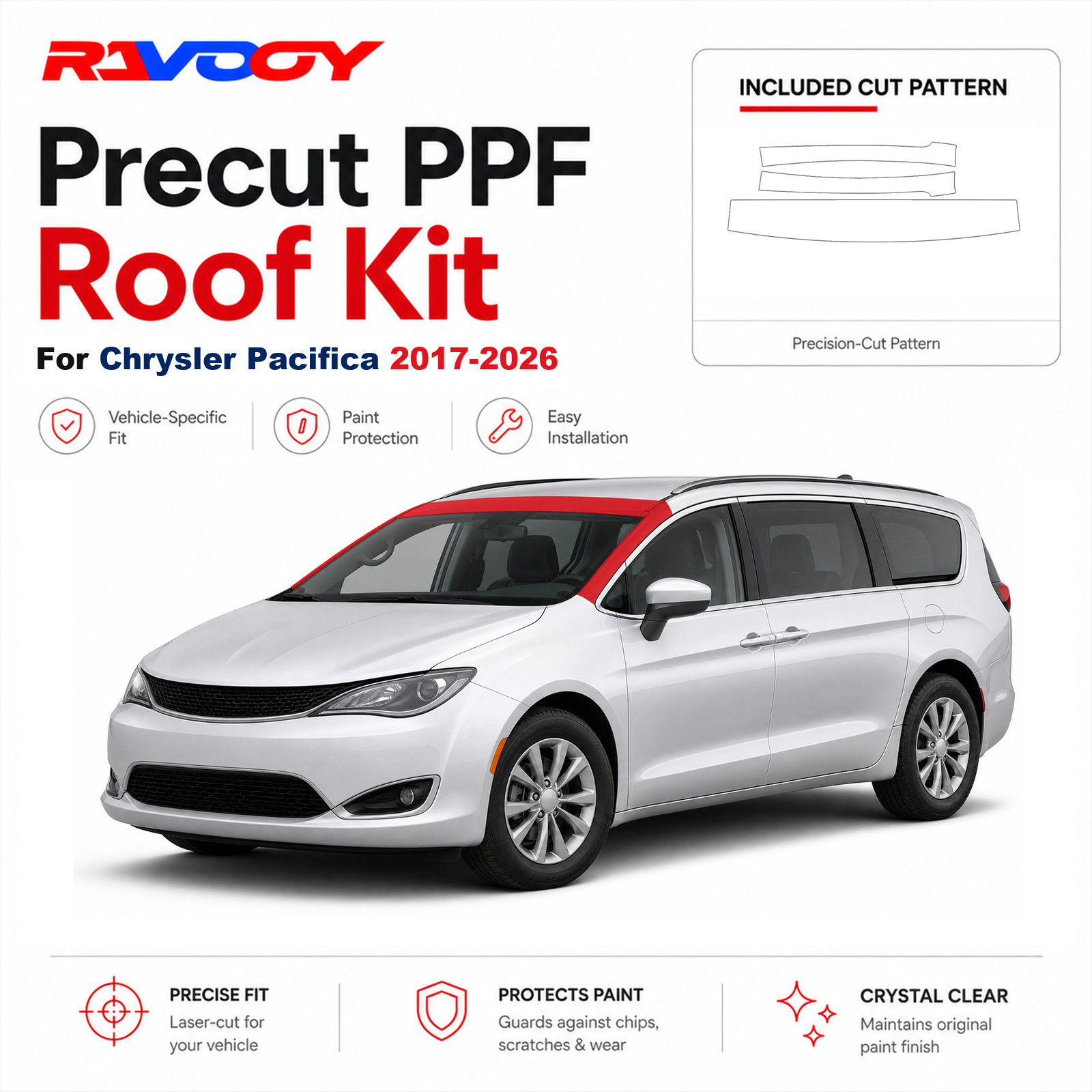 Precut PPF Roof A-Pillar Kit Clear Bra TPU For 2017-2026 Chrysler Pacifica