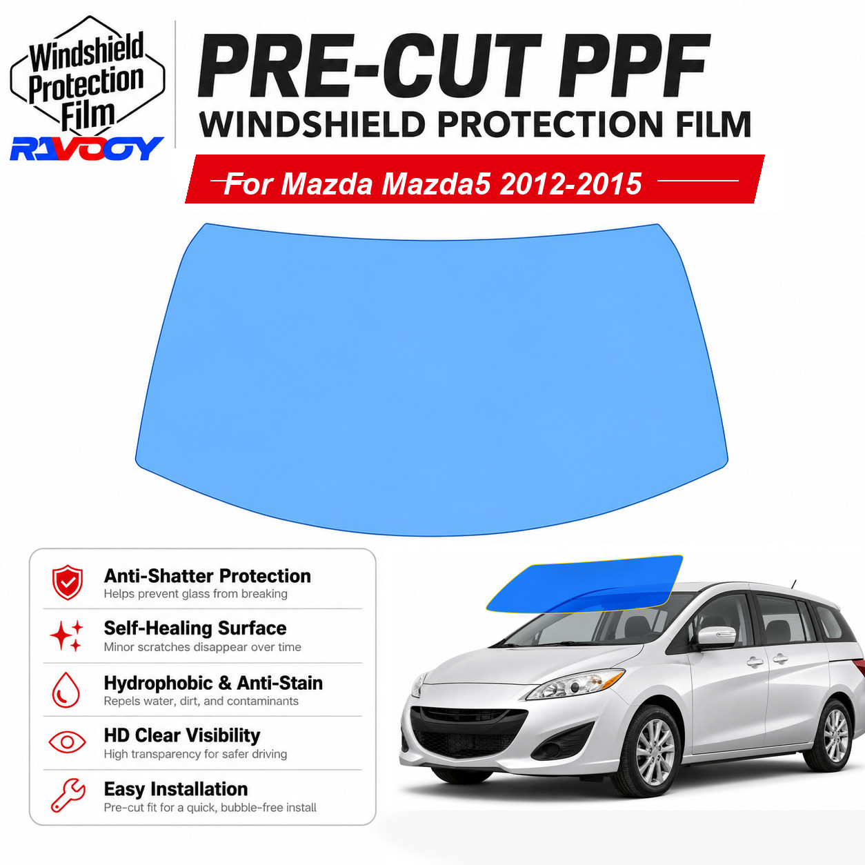 PreCut Front Windshield Protection Film Clear Bra For Mazda Mazda5 2012-2015